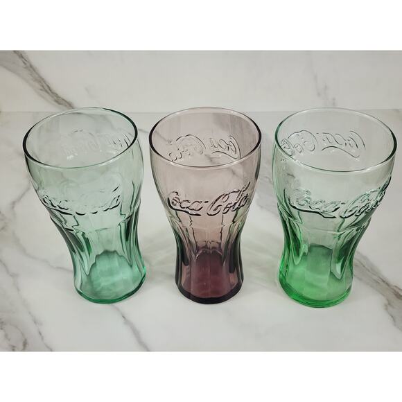Coca Cola Libbey Drinking Glasses 16oz Embossed 6" Retro Glass Green Brown x3 - Picture 8 of 12